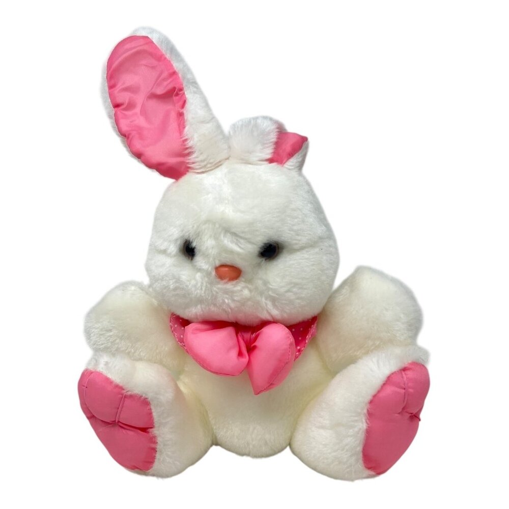 EASTER WHITE BUNNY RABBIT Pink Satin Lined Ears Feet ANIMAL FAIR TAIWAN Vtg